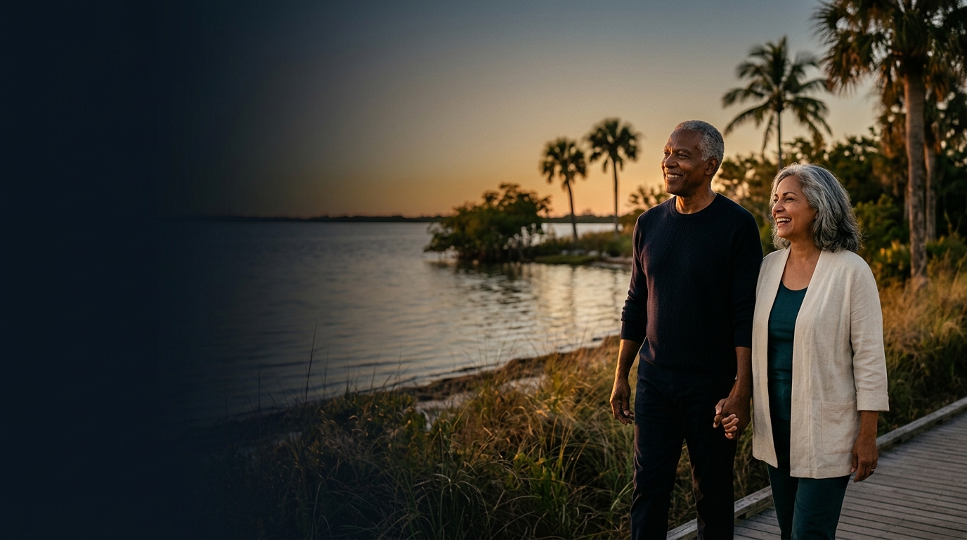 A couple enjoying a peaceful Florida waterfront at sunset